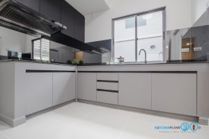 ชุดครัวดีไซน์โมเดิร์น L Shape Gray Tone Kitchen, การบิ้วอินทับโครงปูน,