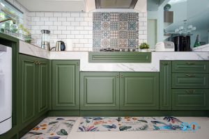 Green Tone Classic Kitchen ชุดครัวโทนเขียวสไตล์คลาสสิค, ชุดครัวตัวแอล, ชุดครัวคลาสสิค, ครัวสีเขียว, ครัวทูโทน, ครัวกันน้ำกันปลวก100%, บิ้วอินทับโครงปูน, ครัวปูน, 